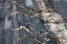 Filons de quartz dans les schistes rubanés.