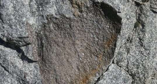 Enclave basique surmicacée (restite) dans granite des gorges de l'Ay (Ardèche)
