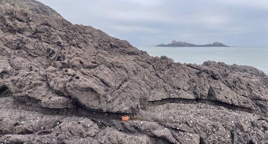 Vue d'ensemble du filon de dolérite dans l'encaissant migmatique près de (…)