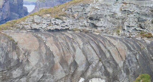 Surface de banc plissé en voute anticlinal dans les grès de Mizen Head
